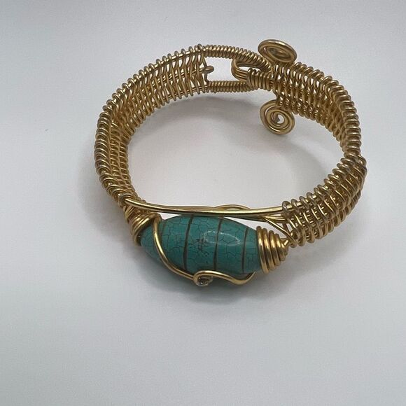 Gold Toned Wire Bracelet/Cuff With Turquoise Stone - Picture 1 of 8
